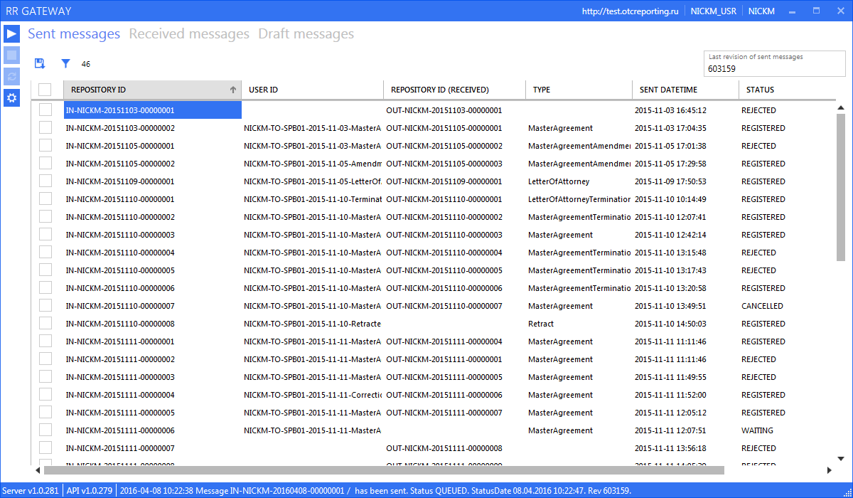 Вкладка Sent messages